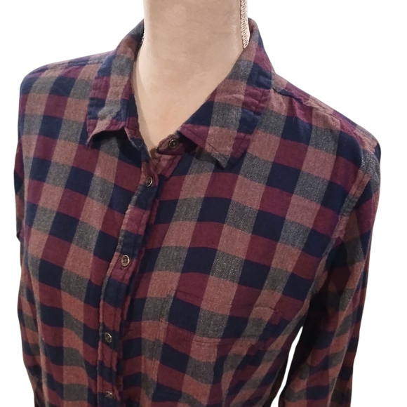 Maurices Purple Plaid Tunic Button Down Flannel Womans Large Gorp Casual - Picture 7 of 11